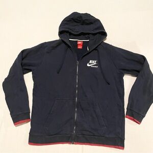NIKE Sportswear Full Zip Hoodie Navy Blue Red Trim Men's Large Back Logo